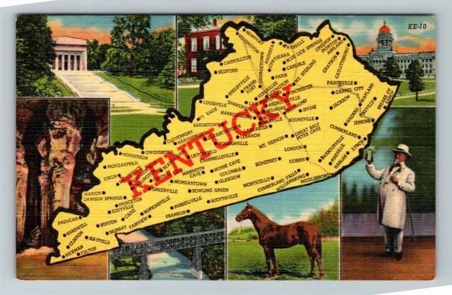 KY- Kentucky, Aerial View Map, Landmarks On Map, Vintage Postcard
