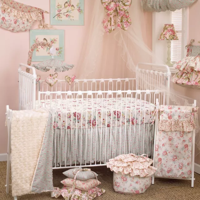 Tea Party Pink Floral Crib Bedding Set Hamper Mobile Valance Sheet