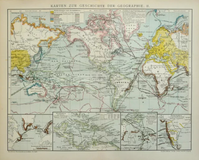 1895 Antique WORLD MAP with the Main Travels of the Age of Discoveries.
