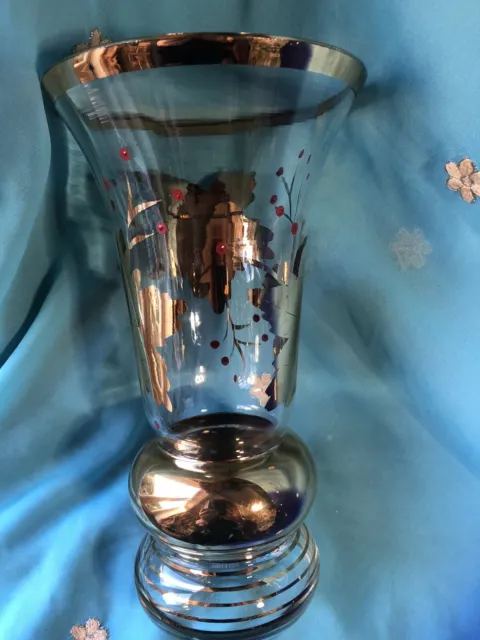 Vintage Kitsch Large Glass Vase Gold Floral And Red Berry Detail 26cm Tall