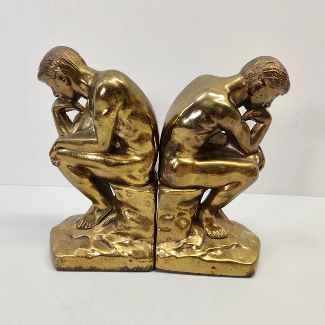 1928 Rodin Statue The Thinker Thinking Man Metal Brass Finish Bookends