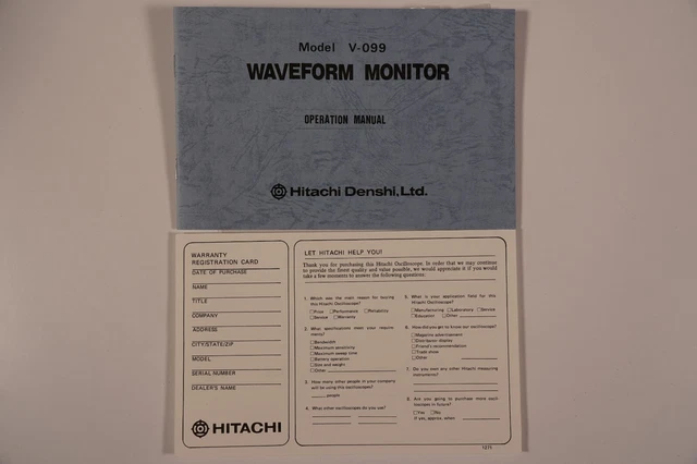 Hitachi V-099 Broadcast Waveform Monitor Manual, Warranty Card, & Two Fuses Only