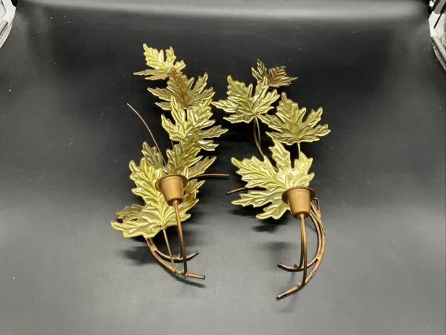 Pair of VTG MCM Brass Leaves Candle Sconces Wall Decor