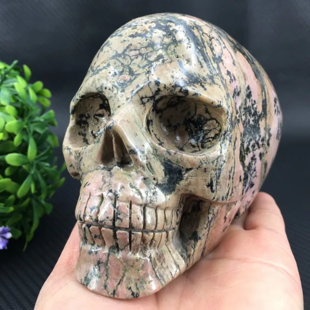 2.92LB Natural rhodonite quartz hand carved Crystal skull Decor reiki Healing