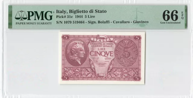 Italy 5 Lire 1944 P-31c PMG 66 EPQ