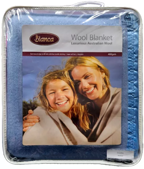 Bianca Australian Wool Blanket Blue DOUBLE Bed 480gsm Wool Mark Certified