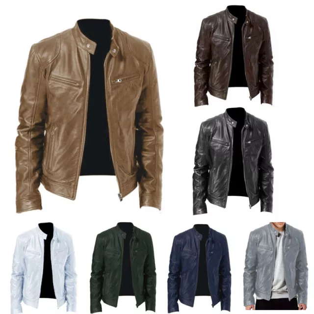 Hombre Retro Chaqueta de Cuero Moto Soporte Cuello Motero Abrigo Cremallera  <