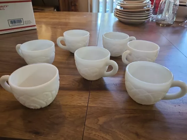 McKee Vintage White Milk Glass Imprinted 4 oz Coffee/Tea/Punch Cups - Set of 7