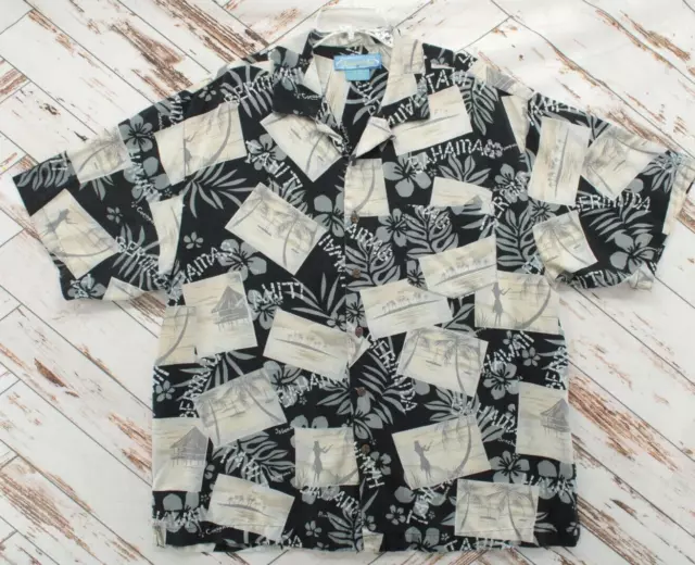 Bermuda Bay Hawaiian Luau Camp Shirt Men's XL black Silk Short Sleeve Button Up