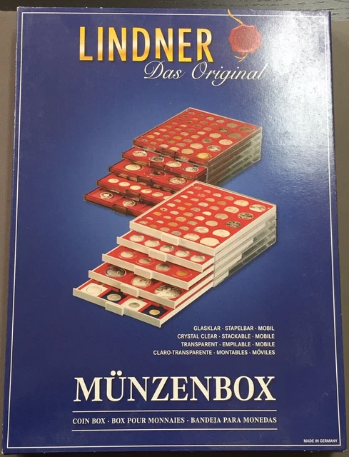 LINDNER Box Monnaies Fumé – 54 Alvéoles Ronds Pour Pièces De 25,75 Mm (2 Euros) – Tiroir Fumé, Plateau Velours Rouge – Made In Germany