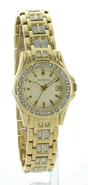 Nib Women's Elgin Analog Watch With Date Gold Tone Crystal Band Gold Dial Eg7008