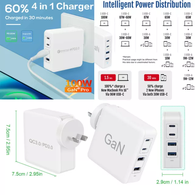 4 Port Fast Charger GaN QC 3.0 PD Wall Adapter 100W For iPhone 14 MacBook Laptop