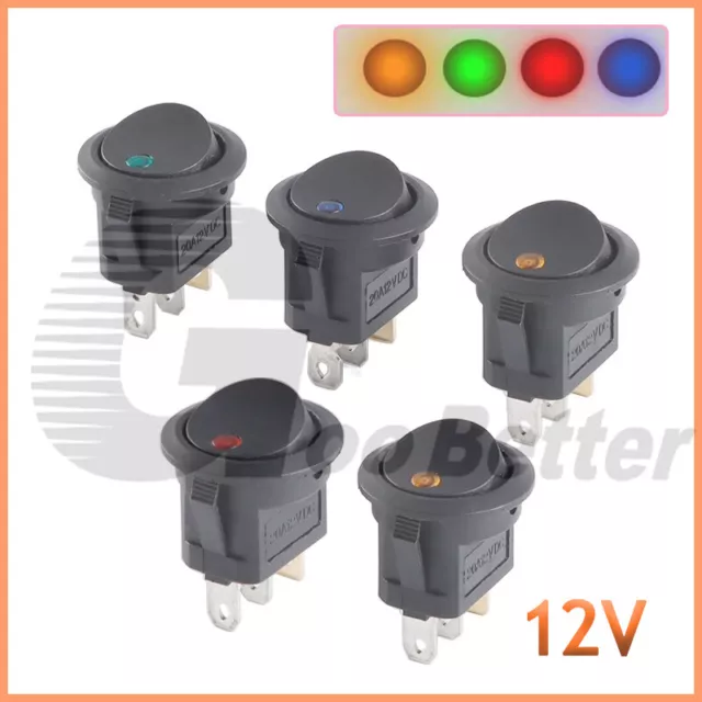 12V Kippschalter Wippschalter Switch Rund Kfz Snap-In LED Beleuchtet 20A 3 Pin