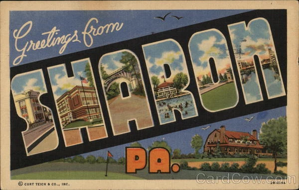 1954 Greetings From Sharon,PA. Mercer County Large Letter Pennsylvania Postcard