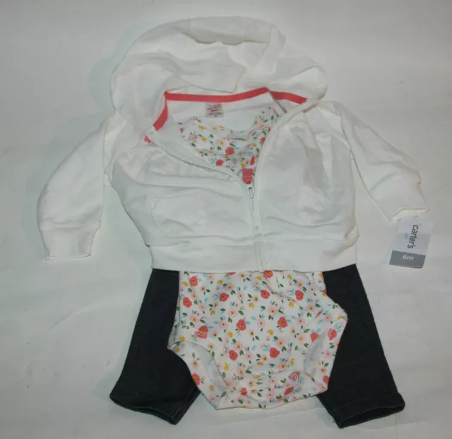 Carters Baby Girl 3 Piece Set Pink & White Floral Size 6 Months NWT Hoodie Pants