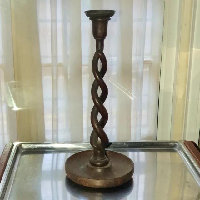 Vintage Open Barley Twist Carved Oak Dark Wood Candlestick 32cm Tall Retro