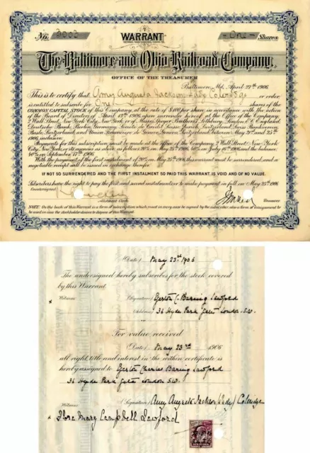 Baltimore and Ohio Railroad Co. Issued to and Signed by Amy Augusta Jackson. Lad