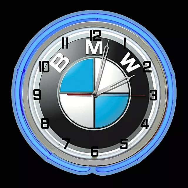 19" BMW Sign Blue Double Neon Chrome Clock Garage Bavarian Motor Works