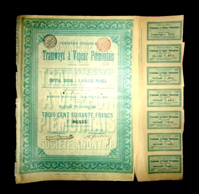 Tramways  a Vapeur Piémontais  Italy/Belgium share certificate 1897