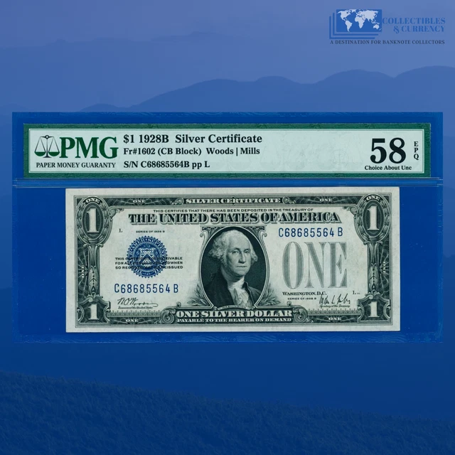 Fr.1602 1928B $1 Silver Certificate Blue Seal, "FUNNYBACK", PMG 58 EPQ #85564