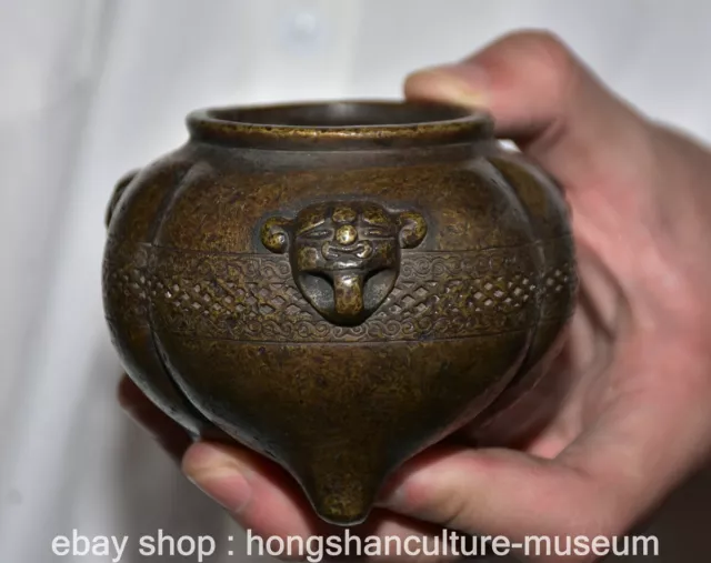 3.8" Marked Old Chinese Bronze Dynasty Beast Head incense burner Censer Pot