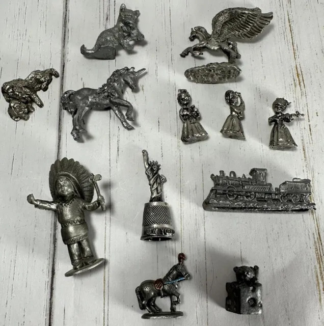 Vintage Pewter Miniature Figurines Lot of 12 Dog, Cat, Horse, Unicorn, Train…