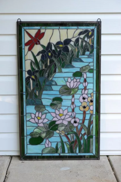 20.5" x 34.5"  Decorative Handcrafted stained glass window panel Dragonfly Lotus 2