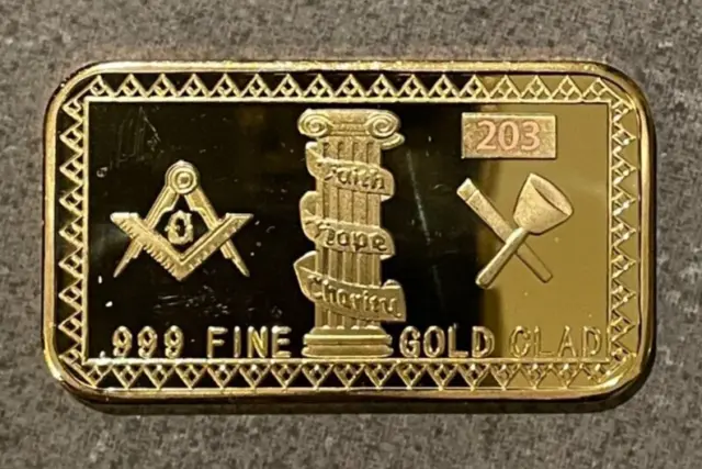 1 Ounce Freemason 24k Gold Plate Commemorative BULLION Bar .999 Fine 1 oz PROOF*