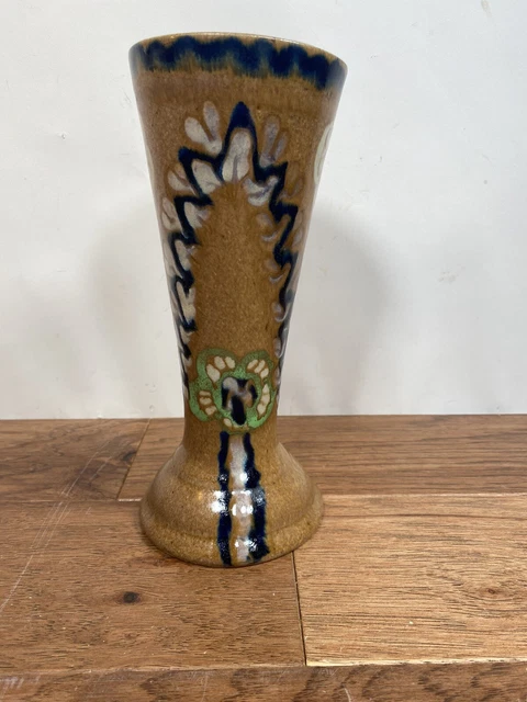 Vtg CARL GEBAUER 1920s ART DECO 10”POTTERY VASE COBALT FLOWERS Germany