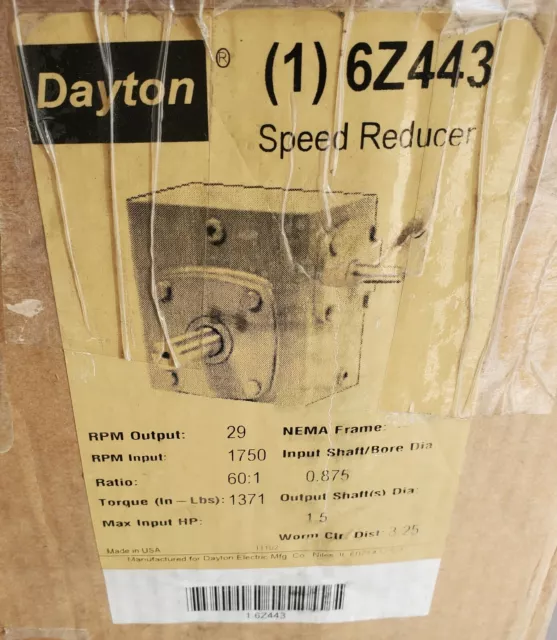 Dayton 6Z443 Speed Reducer Input Shaft .875 Output Shaft 1.5 Input RPM 1750