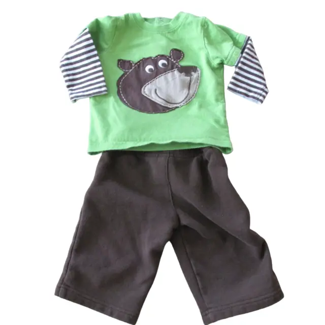 Carters 2 Pc Shirt Pants Outfit Baby Boy Size 6M Brown Green Stripe Bear Infant
