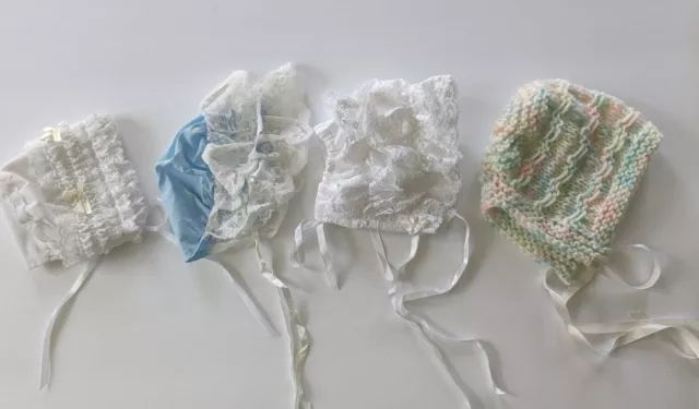 Lot Of 4 Vintage Baby Bonnet Frilly White Lace Satin Ribbons Newborn Infant Doll