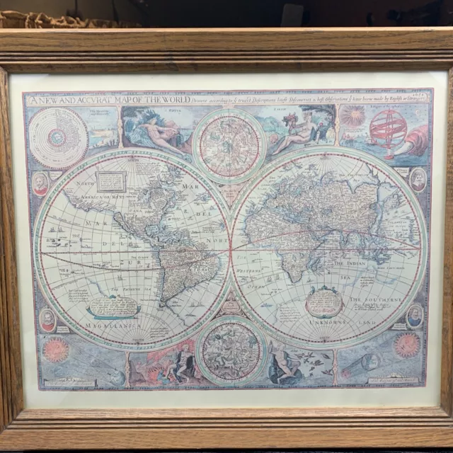 A NEW & ACCURATE MAP OF THE WORLD 1651 Framed Reproduction 23x19” Vintage