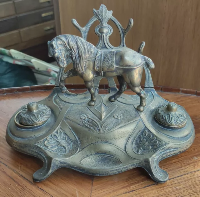 Ancien Encrier Porte Lettre Cheval En Bronze/Art Nouveau/Équitation/horse inkwel