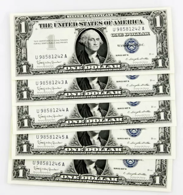 (5) 1957B $1 Silver Certificates Very Rare Consecutive Notes Gem Uncirculated
