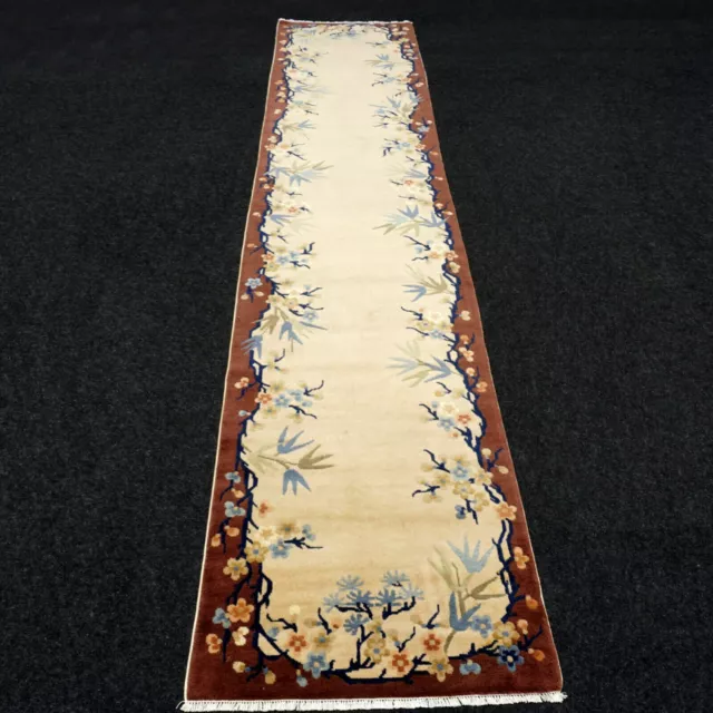 Orient Teppich China 339 x 71 cm Peking Läufer Beige Sandfarbe Handgeknüpft Rug