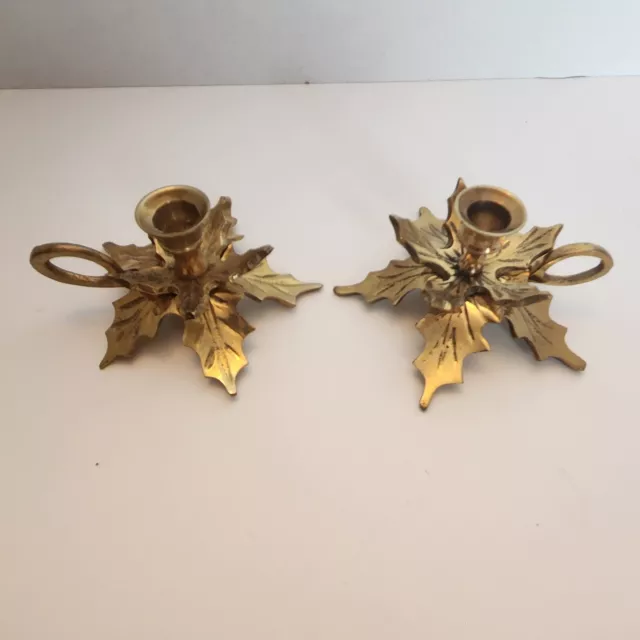 VTG Heavy Pair Solid Brass Candlestick Holders Christmas Holly Leaf Poinsettia