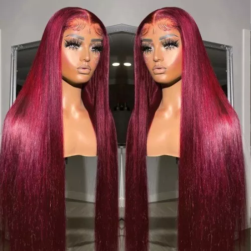 99J Red Lace Front Human Hair Wigs Colored Straight Burgundy 13X6 Transparent