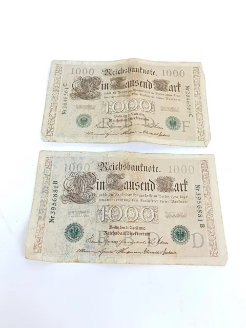 2X 1000 Mark 1910 Reichsbanknote number and stamp green, slightly used