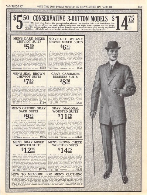 Vintage Paper Ad Men's Wool Dress Suits Edwardian Fashion 1910s Macy's 1911