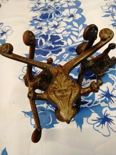 Antique Hall tree Hooks W/Backplate Ornate Cast iron Rack Coat Hat Lot of 3 12