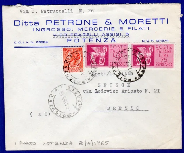 ITALIA - BUSTA ESP. AFF. con 10 L. SIR. + 2x75 L. ESP. da POTENZA il 8-10-1965