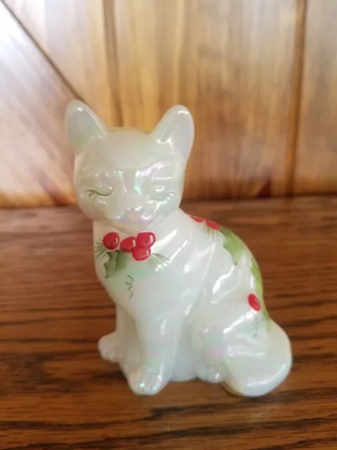 Fenton Hand Painted and Signed Iridescent Christmas Holly Floral Cat Figurine
