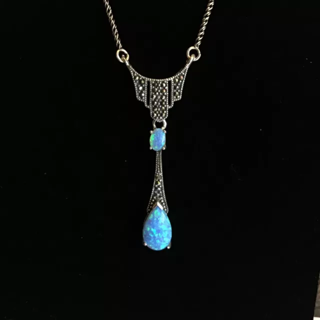 Stunning Art Deco style Blue Opal Marcasite Pear drop Necklace Christmas Gift