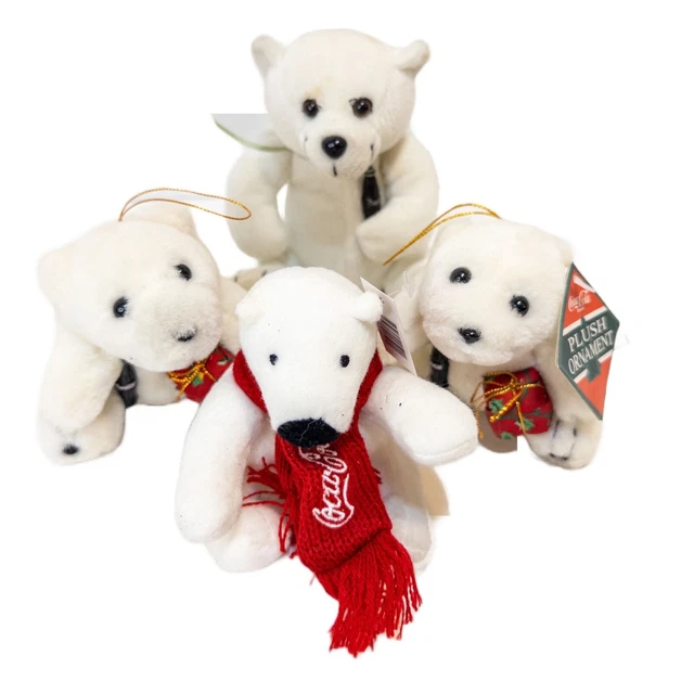 4 Coca Cola Plush Polar Bears Small 2 Ornaments Coke Bottle, 2015 Bear w/ Scarf