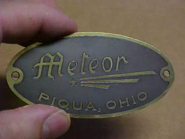 Meteor Motor Car Co. Oval Body Data Plate acid etched brass Piqua Ohio
