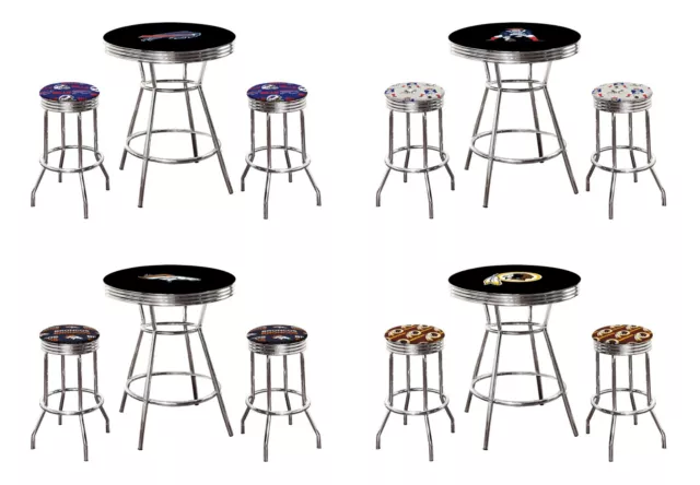 Bar Table NFL Chrome and Black Team Logo and 2 Backless Swivel Seat Stools Glass