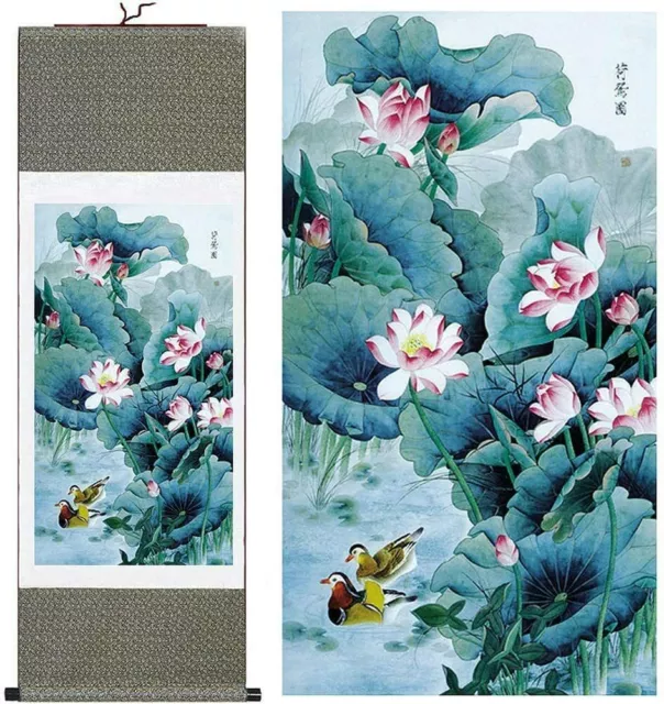 Chinese Lotus  Painting Print  Silk Scroll Wall Hanging