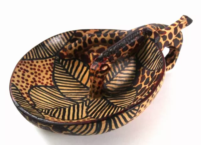Hand Carved Hand Painted African Kenya Wood Giraffe Drinking From Bowl, Folk Art