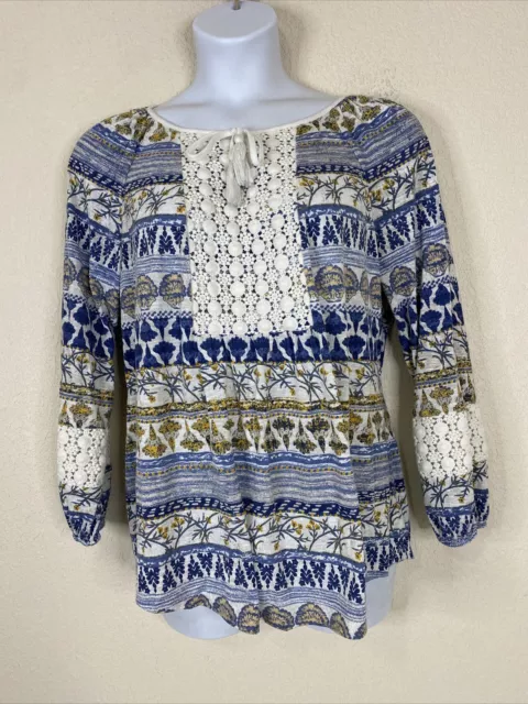 Style & Co Womens Plus Size 2X Blue Boho Stripe Tassled Blouse Long Sleeve